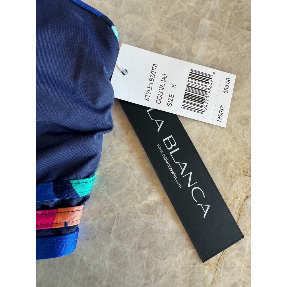 La Blanca Painted Leaves One Shoulder Midkini Bikini Top Tassel Navy Pink NWT - Picture 5 of 5